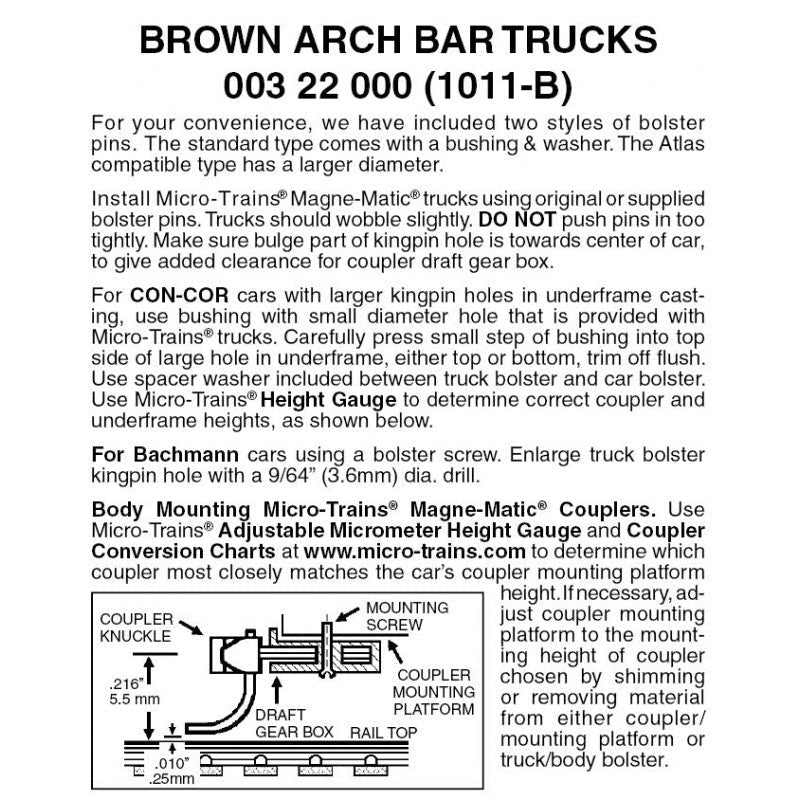 Micro-Trains Line 003 22 000 (1011-B) N Arch Bar Trucks, No Coupler, Assembled, Brown (1 Pair) - House of Trains