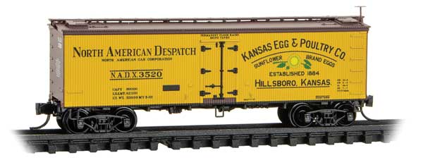 Micro - Trains Line 058 00 602 N 36' Wood Sheathed Ice Reefer, With Modern Steel Underframe, Poultry and Egg Series Car 3, Kansas Egg and Poultry Company, NADX, 3520 - House of Trains