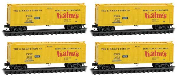 Micro - Trains Line 983 00 238 N, 40' Double Sheathed Wood Reefer Car, Vertical Brake Wheel, 4 - Pack, E. Kahn's Sons Company Brine Tank Refrigerator Car, EKSX, 1031, 1038, 1055, 1076 - House of Trains