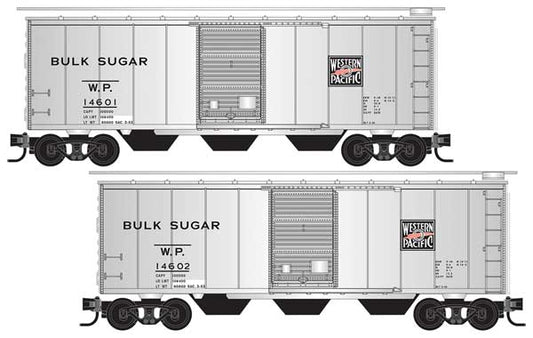Micro - Trains Line 983 02 278 N, 40' Standard Box Car, Single Door, 2 - Pack, Western Pacific, Bulk Sugar, WP 14601, 14602, Hatches and Bay Outlet Gates - some assembly required - House of Trains