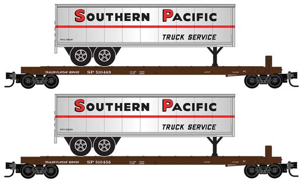 Micro - Trains Line 983 02 279 N, 57' Converted TOFC Flat Car, Southern Pacific, SP 510456, 510469, Trailer, Southern Pacific Truck Service, PMTZ 200264, 200281 - House of Trains