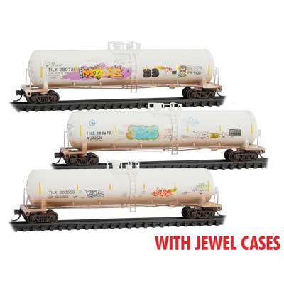 Micro-Trains Line 983 05 059 N, 56' General Service Tank Car, 3-Pack, Weathered and Grafitti, TILX, 280650, 280673, 280721 - House of Trains