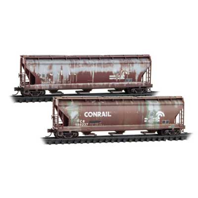 Micro - Trains Line 983 05 102 N, 3 - Bay Covered Hopper, Elongated Hatches, 2 - Pack, Weathered, Conrail, Ex - Pennsylvania, CR 888237, 888538 - House of Trains