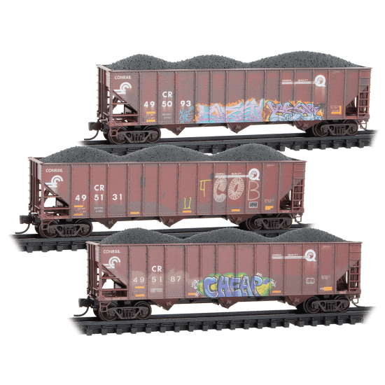 Micro-Trains Line 983 05 103 N, 100 Ton Open Hopper, 3-Pack, Weathered, Conrail - House of Trains