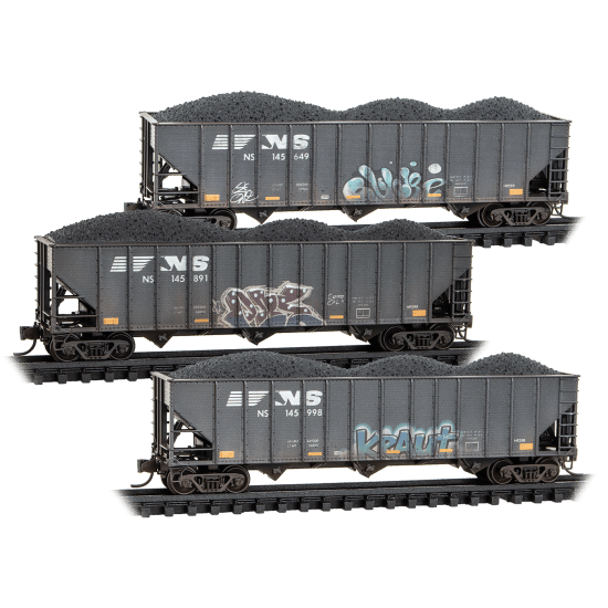 Micro - Trains Line 983 05 104 N, 100 Ton Open Hopper, 3 - Pack, Weathered,NS - House of Trains