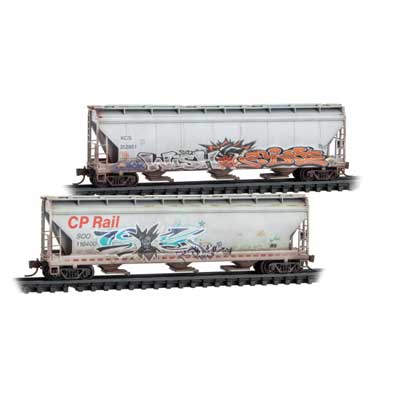 Micro - Trains Line 983 05 106 N, 3 - Bay Covered Hopper, Elongated Hatches, 2 - Pack, Weathered and Graffiti, CPKC Heritage, KCS 312861, SOO 116400 - House of Trains