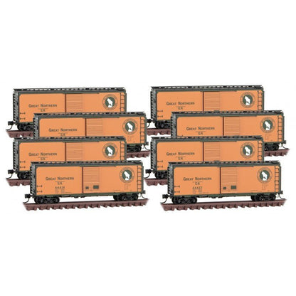 Micro - Trains Line 993 00 820 N Scale 40' Standard Box Car, Single Door, 8 Car Pack, Great Northern - House of Trains