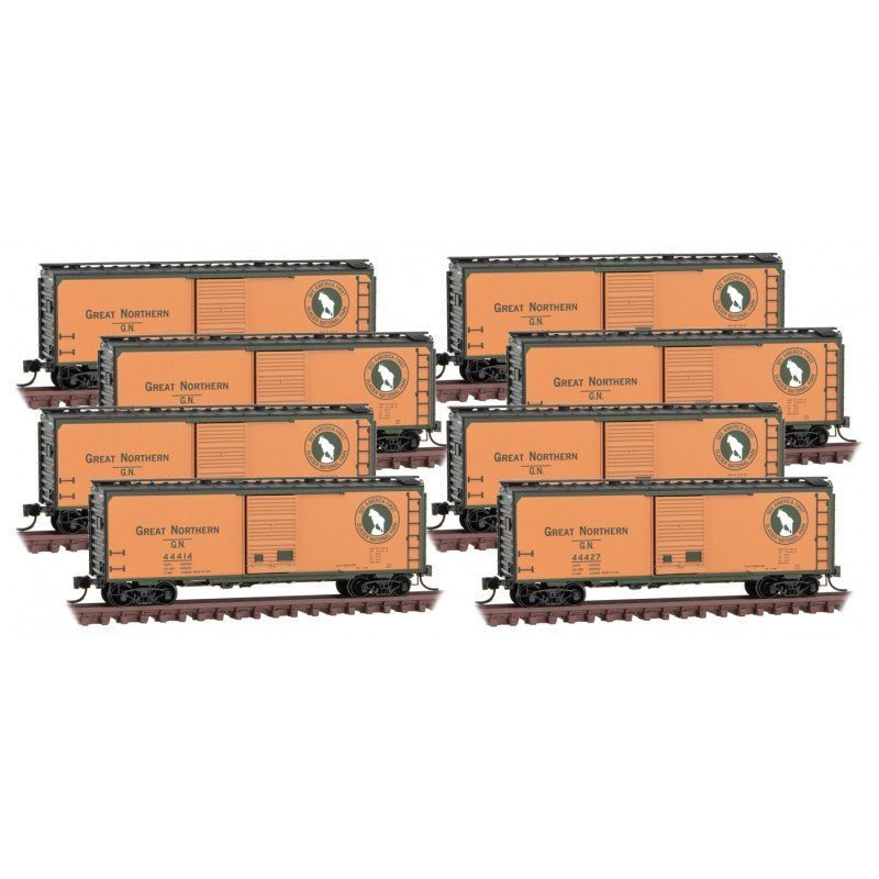 Micro - Trains Line 993 00 820 N Scale 40' Standard Box Car, Single Door, 8 Car Pack, Great Northern - House of Trains