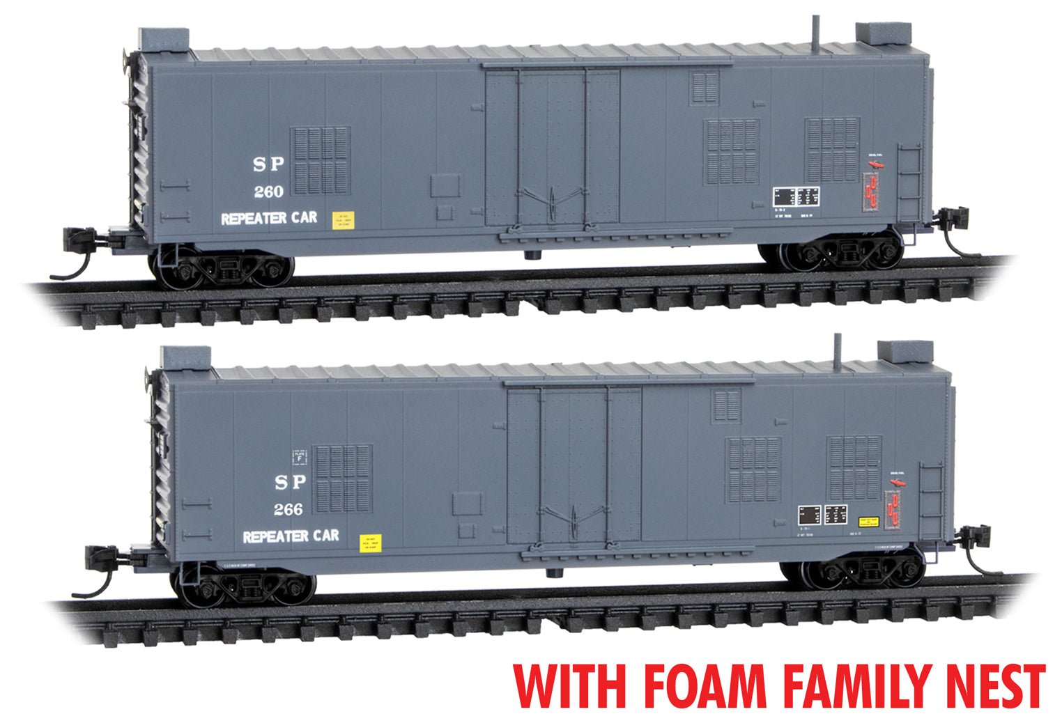 Micro - Trains Line 993 02 207 N, 50' Boxcar, Plug Door, 2 - Pack, Air Repeater, SP, 260, 266 - House of Trains