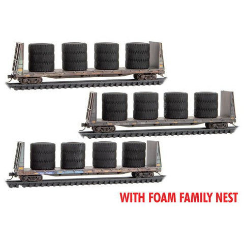 Micro - Trains Line 993 02 247 N, 61' Bulkhead Flat Car, Tire Load, 3 - Pack, Weathered, NOKL - House of Trains