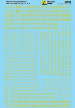 Microscale 90033 HO, Roman, Condensed, Letters and Numbers, Gold - House of Trains