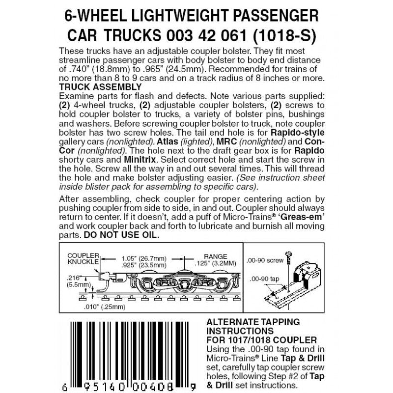 MTL 003 42 061 (1018 - S) N, 6 - Wheel Lightweight Passenger Car Trucks, Adjustable Coupler - House of Trains