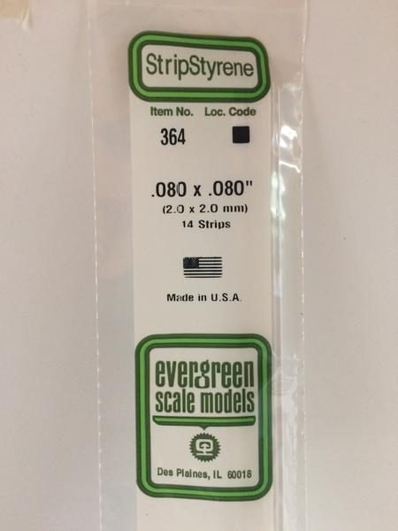 Evergreen 364 Strips, .080" x .080", 2.0 x 2.0 mm, 14 Pieces