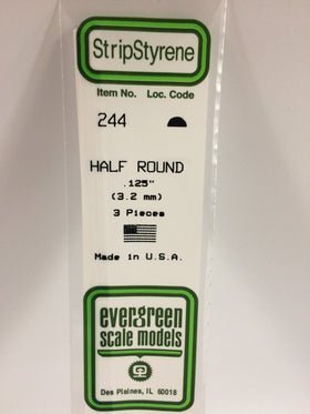 Evergreen 244 Strips, Half Round, .125", 3.2 mm, 3 Pieces