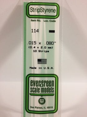 Evergreen 114 Strips, .015" x .080" (0.4 x 2.0 mm) (10 Pieces)
