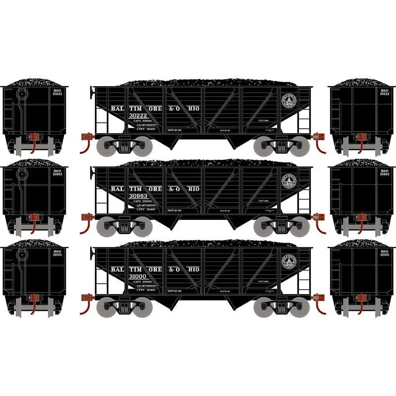 Roundhouse 70803 HO 34' 2 Bay Composite Hopper, Coal Load, 3 - Pack, Baltimore and Ohio - House of Trains