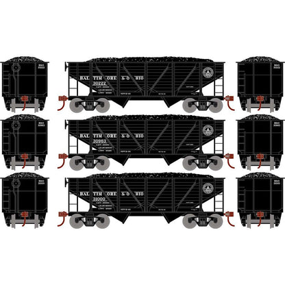 Roundhouse 70803 HO 34' 2 Bay Composite Hopper, Coal Load, 3 - Pack, Baltimore and Ohio - House of Trains