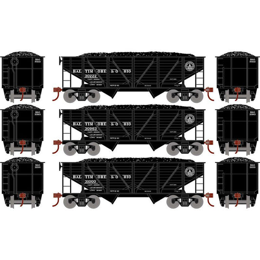 Roundhouse 70803 HO 34' 2 Bay Composite Hopper, Coal Load, 3 - Pack, Baltimore and Ohio - House of Trains