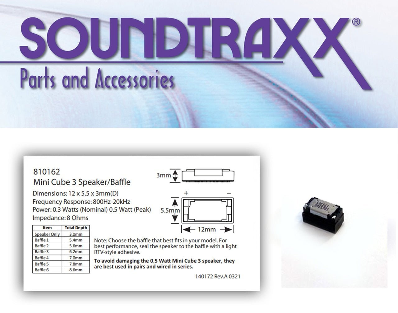 SoundTraxx 810162, Mini Cube 3 Speaker, 12mm x 5mm x 3mm - House of Trains