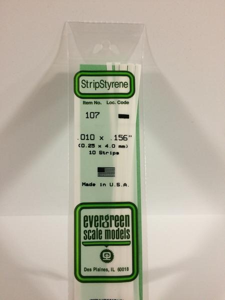 Evergreen 107 Strips, .010" x .156", 0.25 x 4.0 mm, 10 Pieces