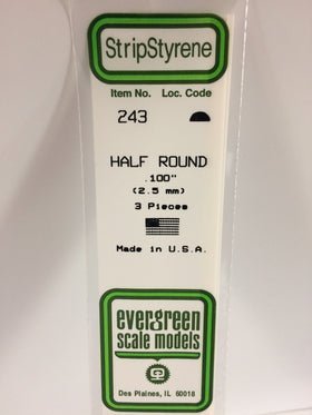 Evergreen 243 Strips, Half Round, .100", 2.5 mm, 3 Pieces