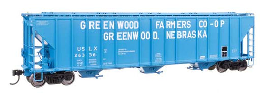 Walthers Proto 920 - 106191 HO, 55' Evans 4780 Covered Hopper, Greenwood Farmers CO - OP, USLX 26336, Greenwood, Nebraska - House of Trains