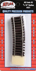Atlas 531 HO, Code 83, 15" Radius 1/2 Curve, 15 Degree, 4 Pieces