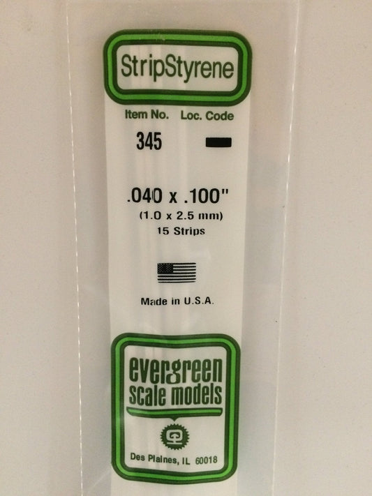 Evergreen 345 Strips, .040" x .100", 1.0 x 2.5 mm, 15 Pieces