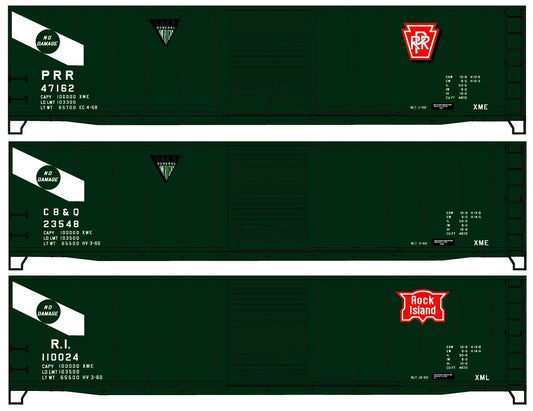 Accurail 8121 HO, General American, 50' Steel Box Car, 3 Car Set, Pennsylvania, Rock Island, Burlington - House of Trains