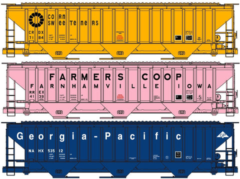 Accurail 8127 HO, P-S Covered Hoppers, 3-Pack, Private Owner, Farmers Co-Op, GP, Corn Sweeteners - House of Trains