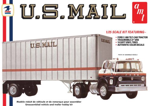 AMT 1326, Ford C900 US Mail Truck, USPS Trailer 1:25 Scale Model Kit - House of Trains