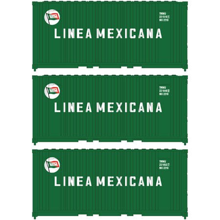Athearn 17696 N, 20' Panel Side Container, Linea Mexicana, TMMU, 3 Pack - House of Trains