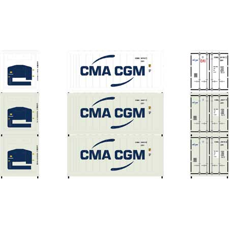 Athearn 17728 N, 20' Reefer Container, CMA, CGM, CGMU, 3 Pack - House of Trains