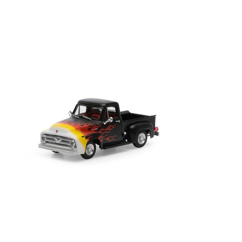 Athearn 26464 HO, 1955 Ford F-100 Pickup Truck, Black with Flames - House of Trains