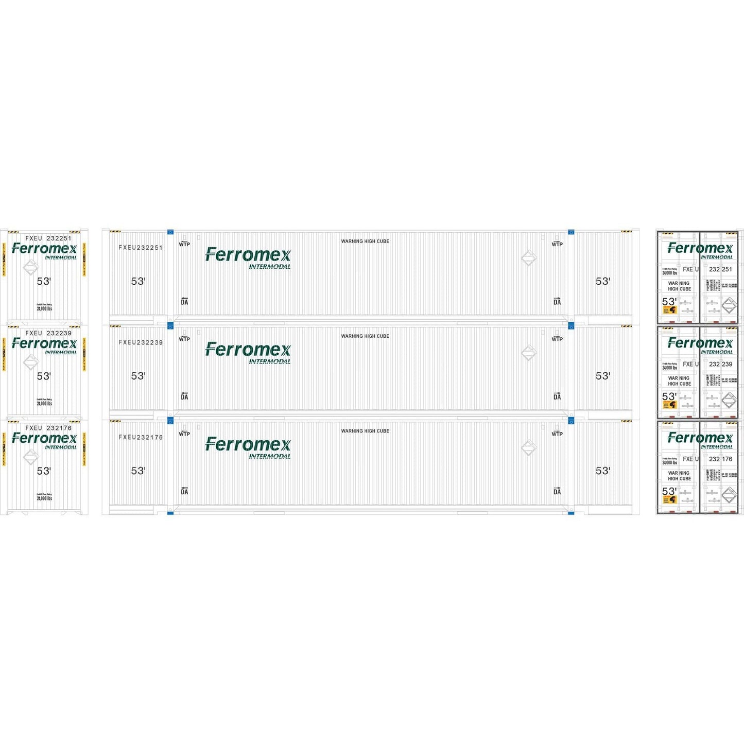 Athearn 29365 HO, 53' Jindo Container, 3 Pack, Ferromex Intermodal, FXEU - House of Trains
