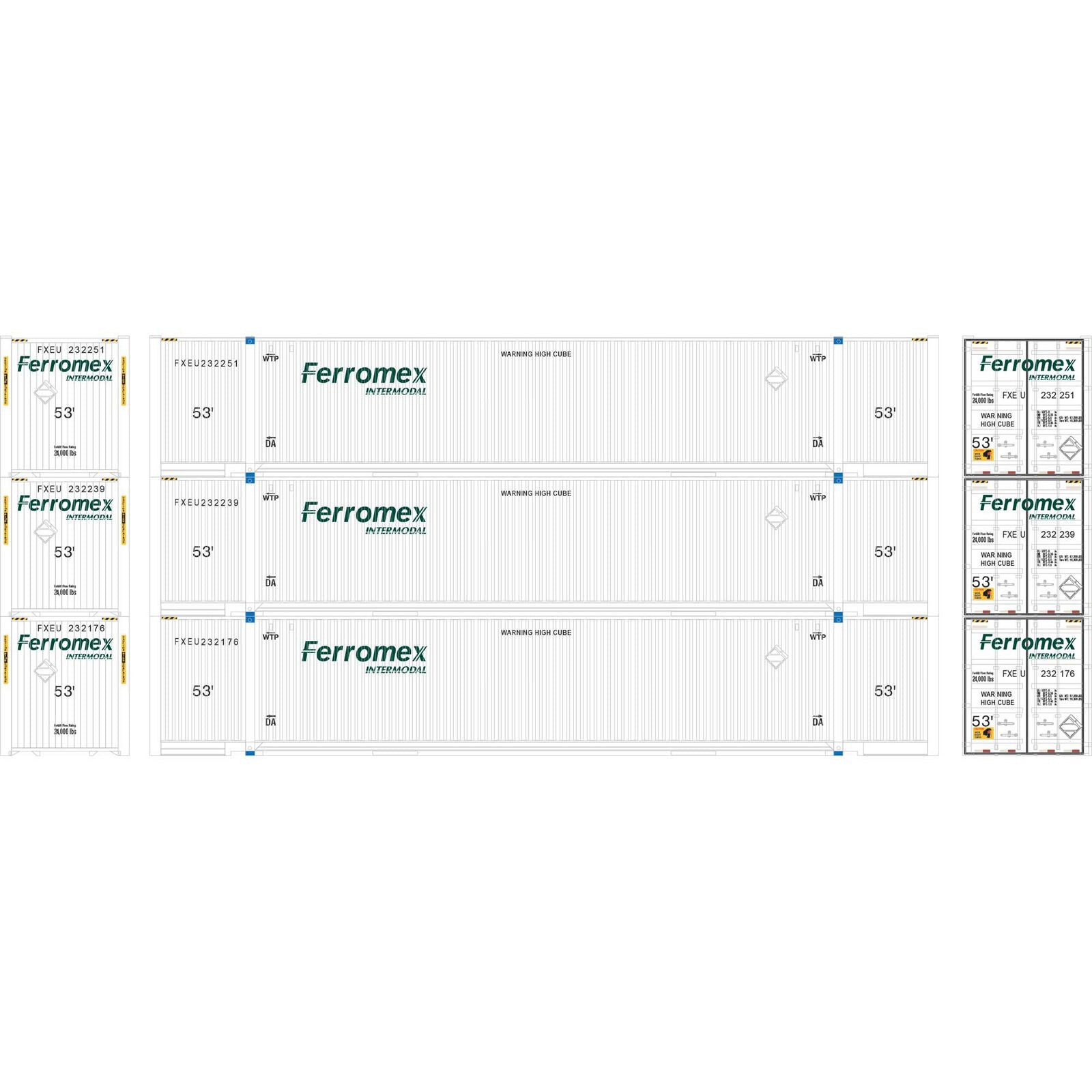 Athearn 29365 HO, 53' Jindo Container, 3 Pack, Ferromex Intermodal, FXEU - House of Trains