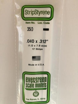 Evergreen 350 Strips, .040" x .312", 1.0 x 7.9 mm, 12 Pieces - House of Trains