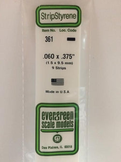 Evergreen 361 Strips, .060" x .375", 1.5 x 9.5 mm, 9 Pieces - House of Trains