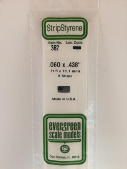 Evergreen 362 Strips, .060" x .438", 1.5 x 11.1 mm, 8 Pieces - House of Trains