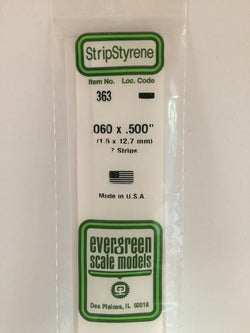 Evergreen 363 Strips, .060" x .500", 1.5 x 12.7 mm, 7 Pieces - House of Trains