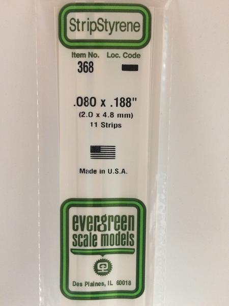 Evergreen 368 Strips, .080" x .188", 2.0 x 4.8 mm, 11 Pieces - House of Trains