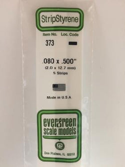 Evergreen 373 Strips, .080" x .500", 2.0 x 12.7 mm, 5 Pieces - House of Trains