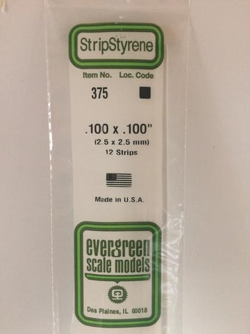 Evergreen 375 Strips, .100" x .100", 2.5 x 2.5 mm, 12 Pieces - House of Trains