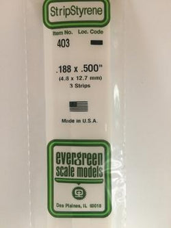 Evergreen 403 Strips, .188" x .500", 4.8 x 12.7 mm, 3 Pieces - House of Trains