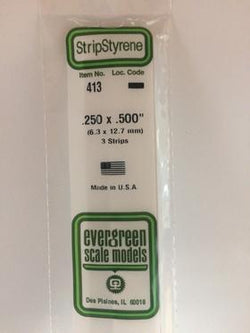 Evergreen 413 Strips, .250" x .500", 6.3 x 12.7 mm, 3 Pieces - House of Trains