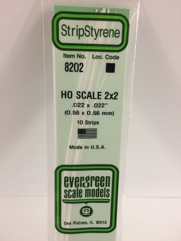 Evergreen 8202 Strips, HO Scale 2 x 2, .022" x .022" (0.56 mm x 0.56 mm) (10 Pieces) - House of Trains