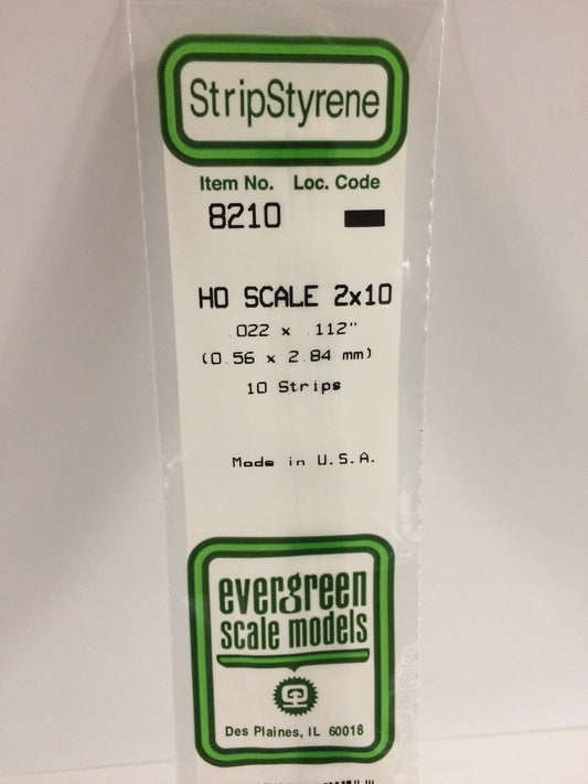 Evergreen 8210 Strips, HO Scale 2 x 10, .022" x .112" (0.56 mm x 2.84 mm) (10 Pieces) - House of Trains