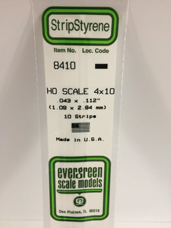 Evergreen 8410 Strips, HO Scale 4 x 10, .043" x .112" (1.09 mm x 2.84 mm) (10 Pieces) - House of Trains