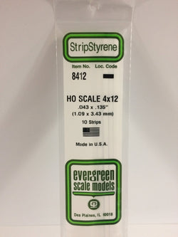 Evergreen 8412 Strips, HO Scale 4 x 12, .043" x .135" (1.09 mm x 3.43 mm) (10 Pieces) - House of Trains
