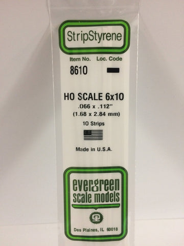 Evergreen 8610 Strips, HO Scale 6 x 10, .066" x .112" (1.68 mm x 2.84 mm) (10 Pieces) - House of Trains